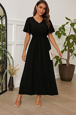 Kadın Kısa Kollu V Yakalı Beli Lastikli Uzun Viskon Elbise