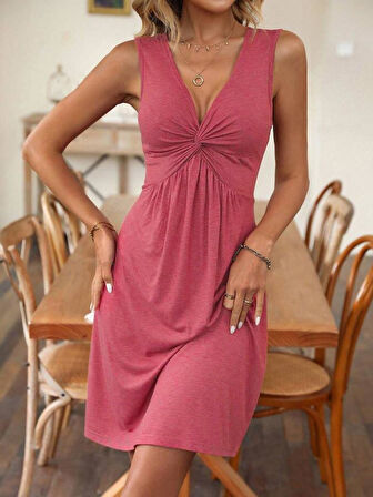 Kadın Askılı V Yakalı önü Düğüm Detaylı Viskon Elbise