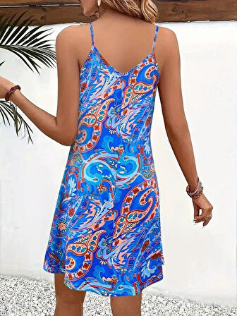 Kadın Ip Askılı V Yakalı Desenli Kısa Süprem Mini Elbise