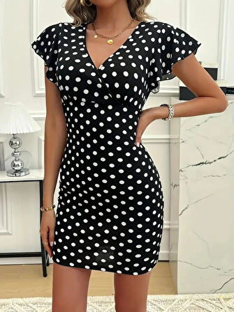 Kadın Kısa Kollu Kruvaze Yakalı örme Puantiyeli Krep Elbise