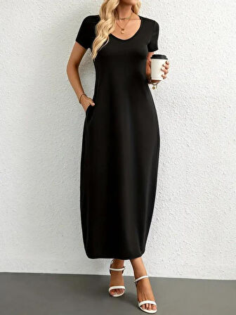 Kadın Kısa Kollu Yakası Yuvarlak Cepli Viskon Elbise