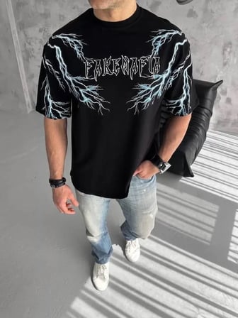 Unisex Bisiklet Yaka Baskılı Oversize T-Shirt - Siyah