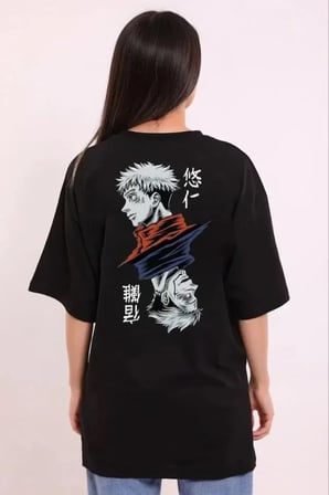 Unisex Bisiklet Yaka Baskılı Oversize T-Shirt - Siyah