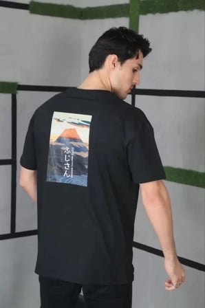 Unisex Bisiklet Yaka Baskılı Oversize T-Shirt - Siyah