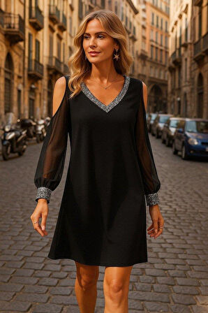 Kadın Uzun Kollu V Yaka Kollar Tül Yırtmaç Detay Kol Manşetleri Ve Yaka Payet Krep Elbise