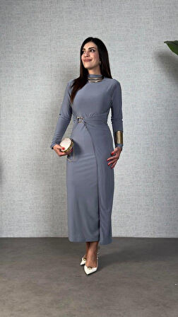 Kadın Balıkçı Yaka Toka Detay Sandy Kumaş Midi Boy Elbise