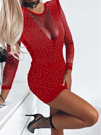 Kadın Uzun Kollu Yuvarlak Yaka Dekolteli Taşlı Dalgıç Elbise