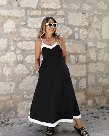 Kadın Ip Askılı V Yakalı çift Renkli Janjan Krep Elbise