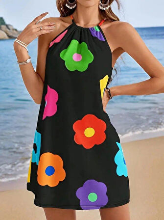 Kadın Boyundan Askılı Kolsuz çiçek Desenli Süprem Elbise