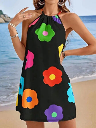 Kadın Boyundan Askılı Kolsuz çiçek Desenli Süprem Elbise