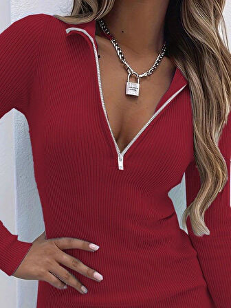 Kadın Uzun Kollu önden Fermuarlı Mini Kaşkorse Elbise