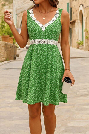 Kadın Askılı Dantel Yakalı çiçek Desenli Süprem Elbise