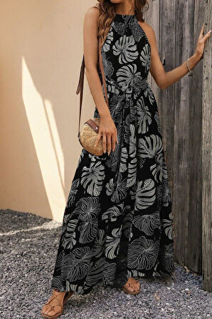 Kadın Kolsuz Halter Yaka Beli Lastikliotantik Desenli Mikro Kumaş Elbise