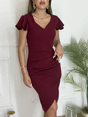 QKadın Kısa Kollu Kalp Yaka Yanlardan Büzgü Detay Midi Janjan Krep Elbise