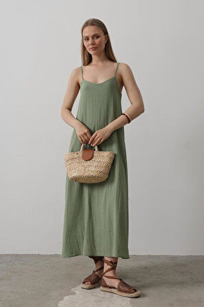 Askılı Uzun Çan Elbise - Haki