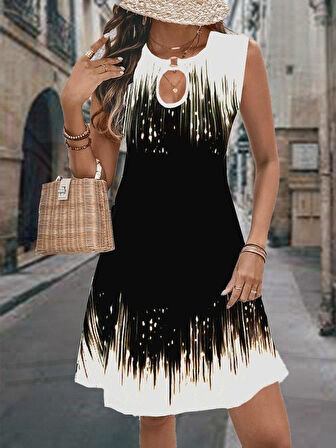 Kadın Yaka Damla Dekolteli Siyah Beyaz Desenli Dalgıç Elbise