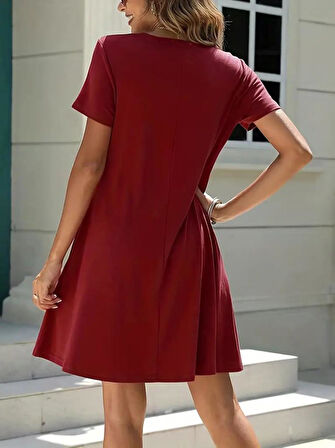 Kadın Kısa Kollu V Yaka önü Düğmeli Viskon Elbise