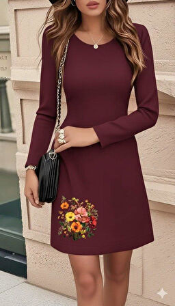 Kadın Uzun Kollu Bisiklet Yaka çiçek Desenli Mini Dalgıç Elbise