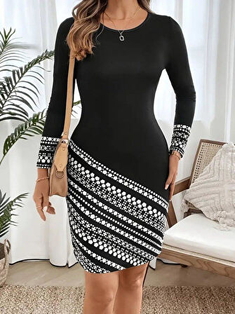 Kadın Uzun Kollu Bisiklet Yaka Desenli Dalgıç Elbise