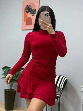 Kadın Uzun Kollu Balıkçı Yaka Mini Fırfırlı Sandy Elbise