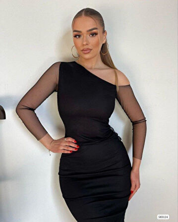 Kadın Tül Astarlı Tek Omuz Detaylı Elbise