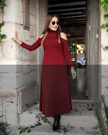 Kadın Balıkçı Yaka Omuzlardan Açık Uzun Kollu Janjan Krep Elbise