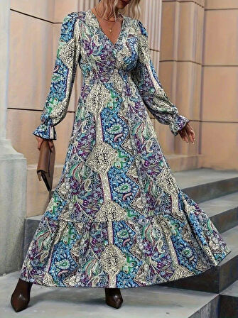 Kadın Uzun Kollu Kruvaze Yakalı Desenli Süprem Maxi Elbise