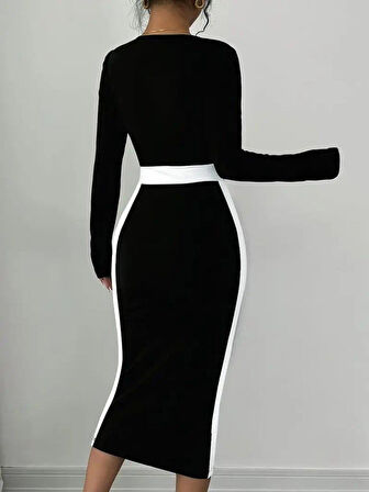 Kadın Uzun Kollu Geometrik Yaka Midi Ithal Krep Elbise