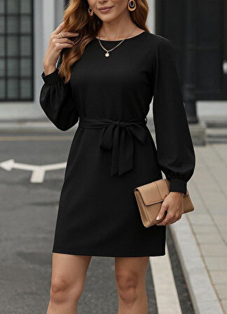 Kadın Uzun Kollu Kayık Yaka Belden Kuşaklı Kısa Ithal Krep Elbise