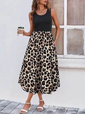 Kadın Askılı Yuvarlak Yaka üst Viskon Alt Leopar Desenli Süprem Uzun Elbise