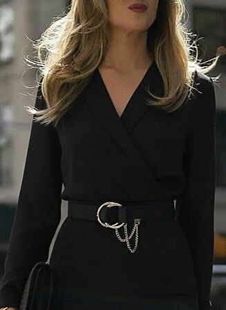 Kadın Uzun Kollu Kruvaze Yaka Janjan Krep Midi Elbise