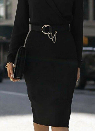 Kadın Uzun Kollu Kruvaze Yaka Janjan Krep Midi Elbise