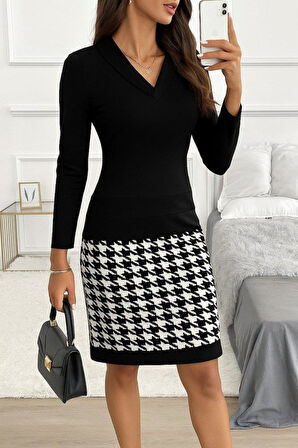 Kadın Uzun Kollu V Yaka Alt Tarafı Desenli Dalgıç Mini Boy Elbise