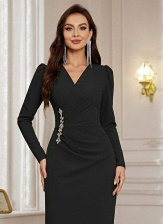 Kadın Uzun Kollu Kruvaze Yakalı Yanları Taşlı Yırtmaçlı Uzun Ithal Krep Elbise