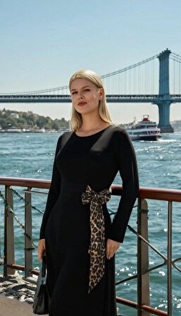 Kadın Bisiklet Yaka Leopar Fiyonk Detay Maxi Boy Elbise