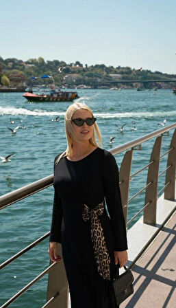 Kadın Bisiklet Yaka Leopar Fiyonk Detay Maxi Boy Elbise