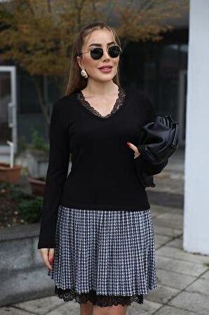 Kadın Uzun Kollu Denteli Yaka Ekose Etek Detay Diz üstü Elbise