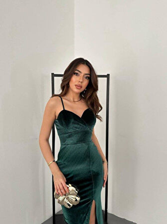 Kadınomuz Askılı Sırt Dekolteli Yırtmaç Detay Midi Boy Elbise Yırtmaç Detay Midi Boy Elbise