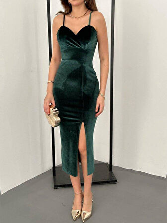 Kadınomuz Askılı Sırt Dekolteli Yırtmaç Detay Midi Boy Elbise Yırtmaç Detay Midi Boy Elbise