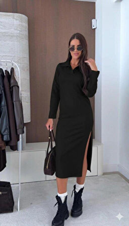 Kadın Uzun Kollu Yakalı Yandan Yırtmaçlı Midi Modal Elbise