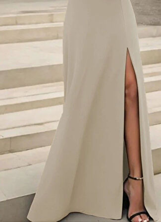 Kadın Uzun Kollu Madonna Yakalı Yırtmaç Detaylı Uzun Ithal Krep Elbise