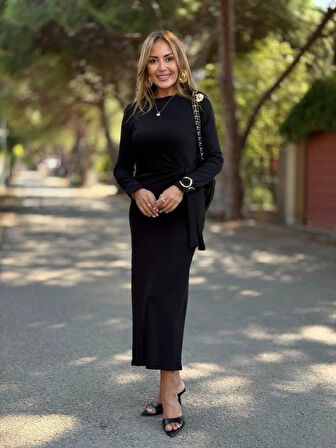 Kadın Uzun Kollu Bisiklet Yaka Yandan Bağlamalı Uzun Modal Elbise