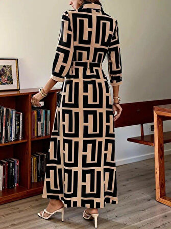 Kadın Uzun Kollu Yakalı önden Düğmeli Uzun Süprem Elbise