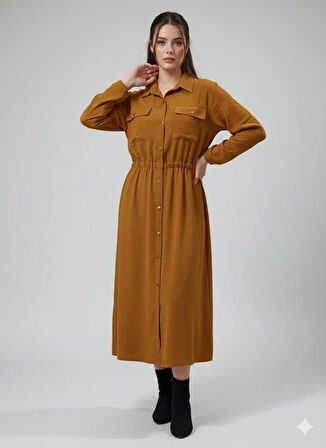 Kadın Uzun Kollu Beli Lastik Ve Düğme Detay Gömlek Elbise