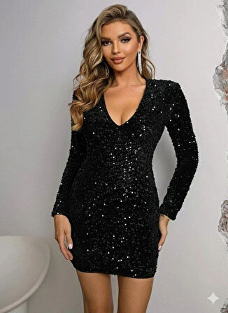 Kadın Uzun Kollu Derin V Yakalı Mini Pulpayet Elbise