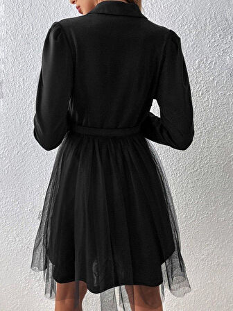 Kadın Uzun Kollu Yakalı Belinde Kemer Detaylı Mini Tüllü Ithal Krep Elbise