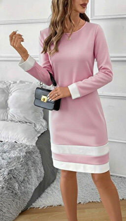 Kadın Uzun Kollu Yuvarlak Yaka Etek Ucu şerit Detaylı Mini Dalgıç Elbise