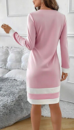 Kadın Uzun Kollu Yuvarlak Yaka Etek Ucu şerit Detaylı Mini Dalgıç Elbise