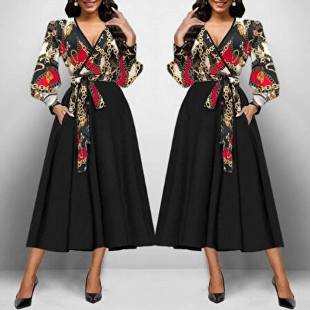 Kadın Uzun Kollu Kruvaze Yaka Dalgıç Krep Midi Boy Elbise