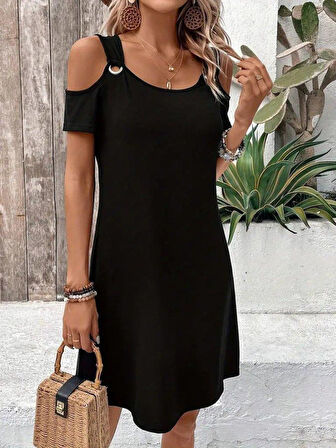 Kadın Askılı Omuzlardan Açık Kısa Kollu Kuş Gözü Detaylı Viskon Elbise